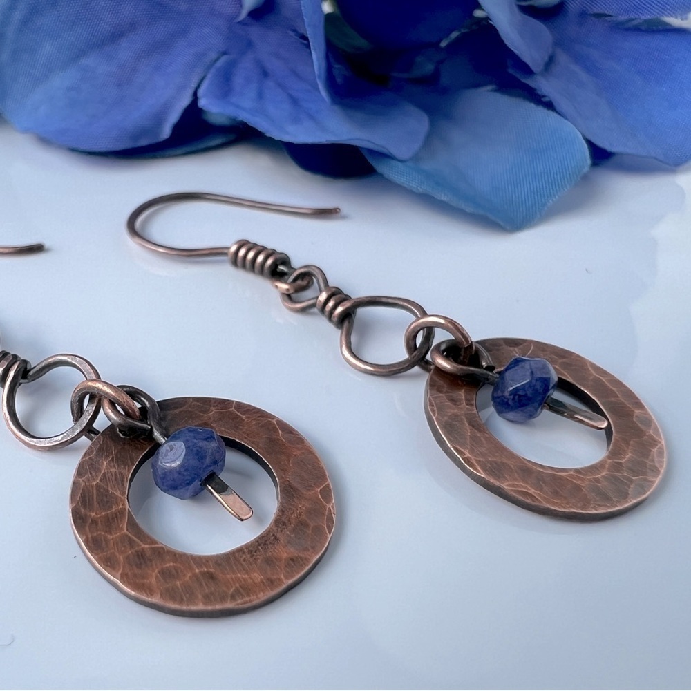 Artisan Hammered Copper Dangle Earrings with Jade Accent Beads - Picture 6 of 12